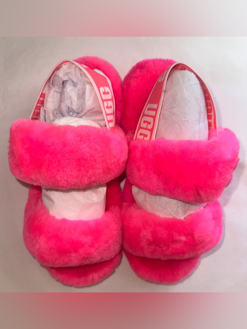 UGG Pink Fluff Slide Sandals with Branded Heel Strap